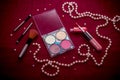 Makeup cosmetic kit Ã¢â¬â eye shadows, highlighter, lip gloss and blush Royalty Free Stock Photo